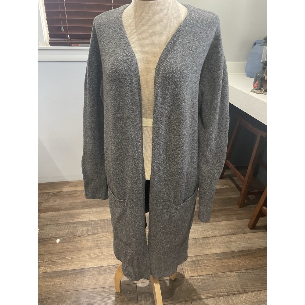 ANA Warm Gray Long Cardigan Duster Pockets Longline Open Front Sexy Modest Large